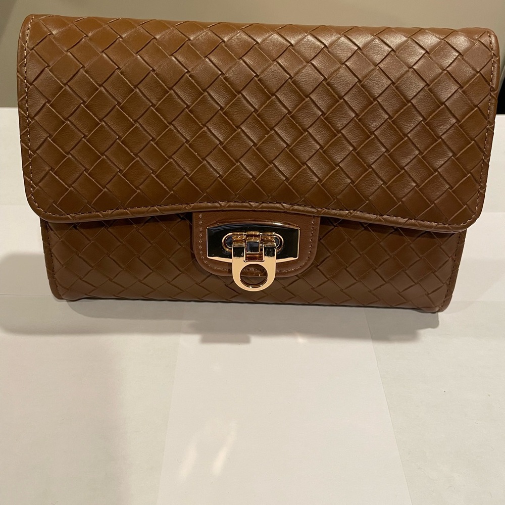 Brown Woven Faux Leather Crossbody/Clutch
